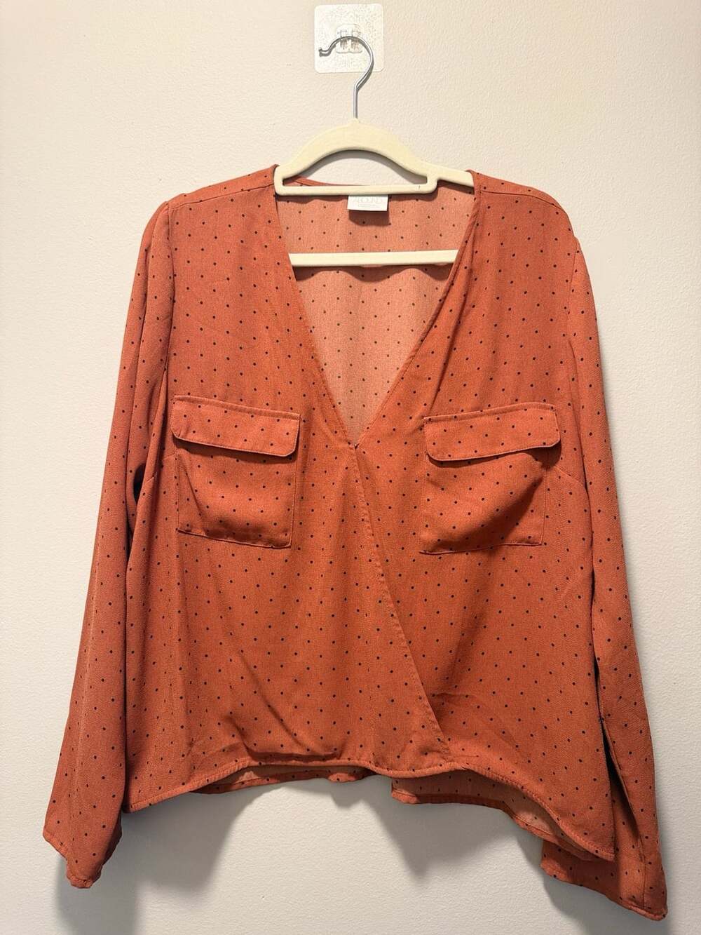 Abound Blouse Size L Rust Polka Dot Long Sleeve Pocket Top